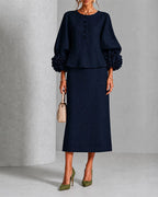 Elegant Floral Cuff Blouse and Skirt Matching Set