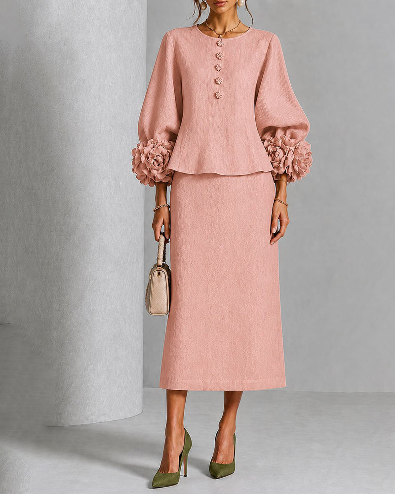 Elegant Floral Cuff Blouse and Skirt Matching Set