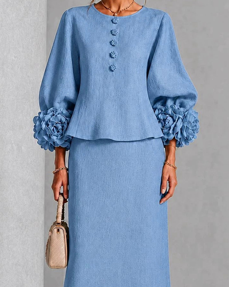 Elegant Floral Cuff Blouse and Skirt Matching Set
