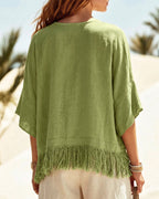 Women's Linen Blend Round Neck Short Sleeve Fringe Hem Loose Summer Blouse