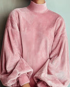 Women's Solid Ribbed Velvet Turtleneck Balloon Long Sleeve Mini Dress