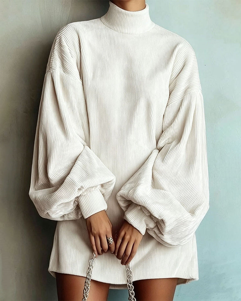 Women's Solid Ribbed Velvet Turtleneck Balloon Long Sleeve Mini Dress