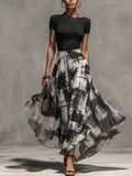 Black Chiffon Abstract Plaid Print Skirt And T-Shirt Set
