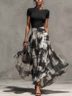 Black Chiffon Abstract Plaid Print Skirt And T-Shirt Set