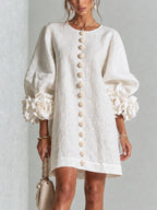 Blush Pink Fabric Floral Appliqué Balloon‑Sleeve Shift Mini Dress