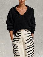 Black Collar Knit Top And Zebra Linen Midi Skirt Two?Piece Set