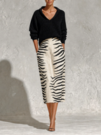 Black Collar Knit Top And Zebra Linen Midi Skirt Two?Piece Set