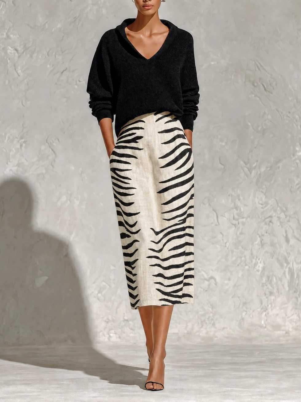 Black Collar Knit Top And Zebra Linen Midi Skirt Two?Piece Set