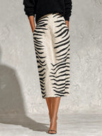 Black Collar Knit Top And Zebra Linen Midi Skirt Two?Piece Set