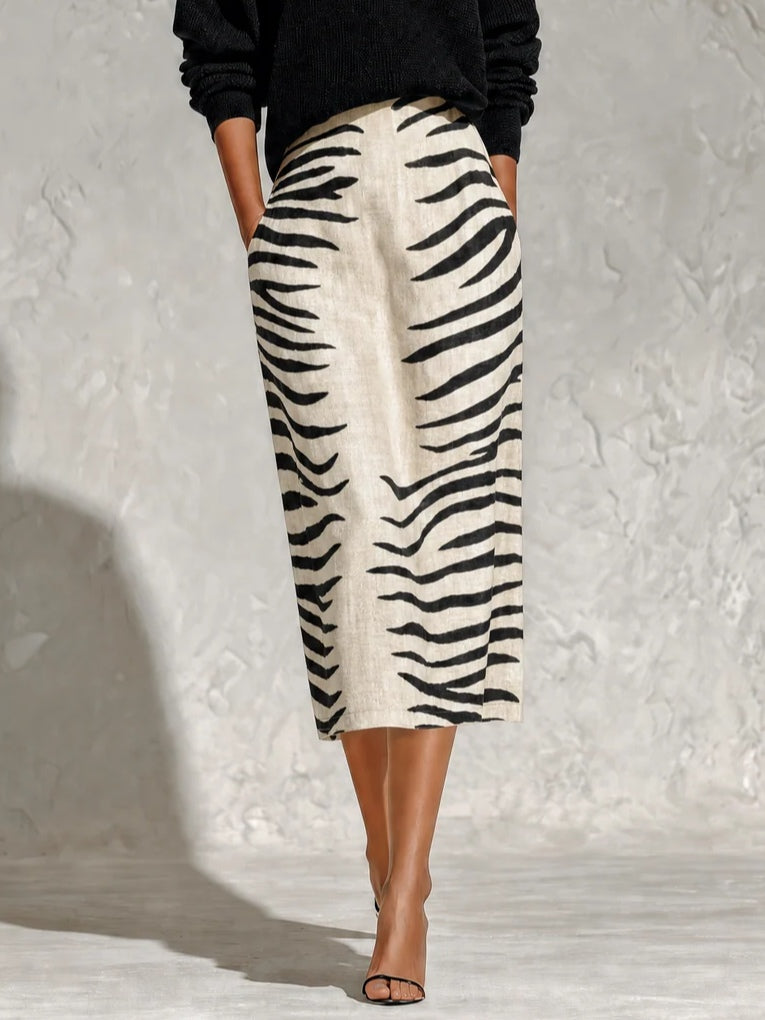 Black Collar Knit Top And Zebra Linen Midi Skirt Two?Piece Set