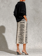Black Collar Knit Top And Zebra Linen Midi Skirt Two?Piece Set