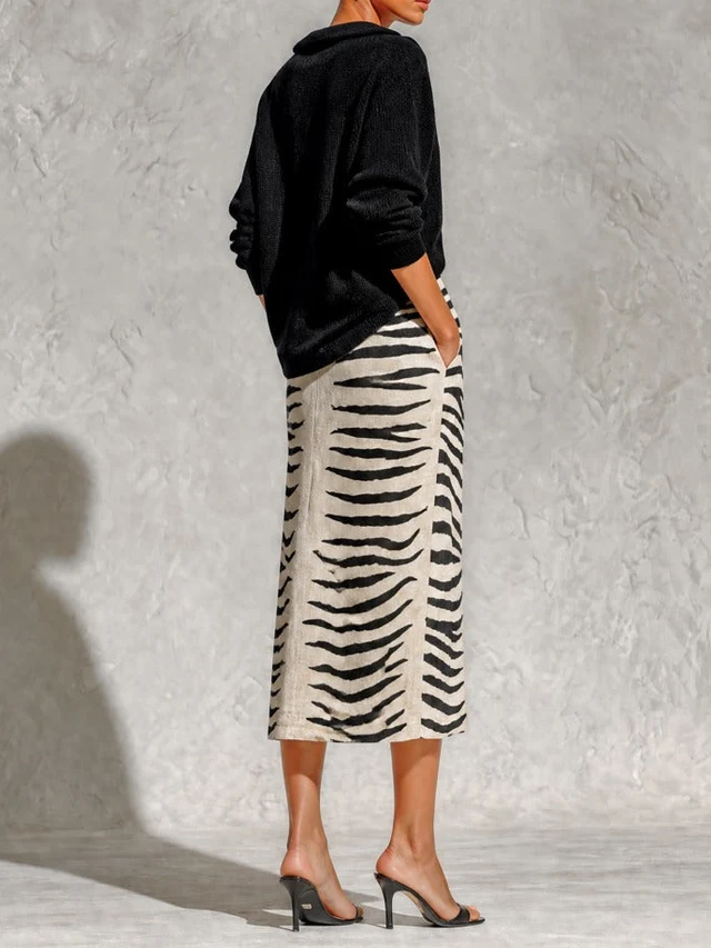 Black Collar Knit Top And Zebra Linen Midi Skirt Two?Piece Set