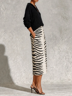 Black Collar Knit Top And Zebra Linen Midi Skirt Two?Piece Set
