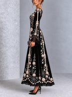 Gothic Black And White Skull And Rose Print Long-sleeved Halloween Maxi Dress