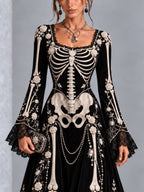 Gothic Black And White Skull And Rose Print Long-sleeved Halloween Maxi Dress
