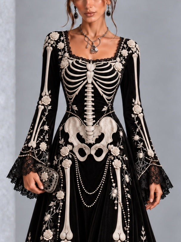 Gothic Black And White Skull And Rose Print Long-sleeved Halloween Maxi Dress