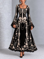 Gothic Black And White Skull And Rose Print Long-sleeved Halloween Maxi Dress