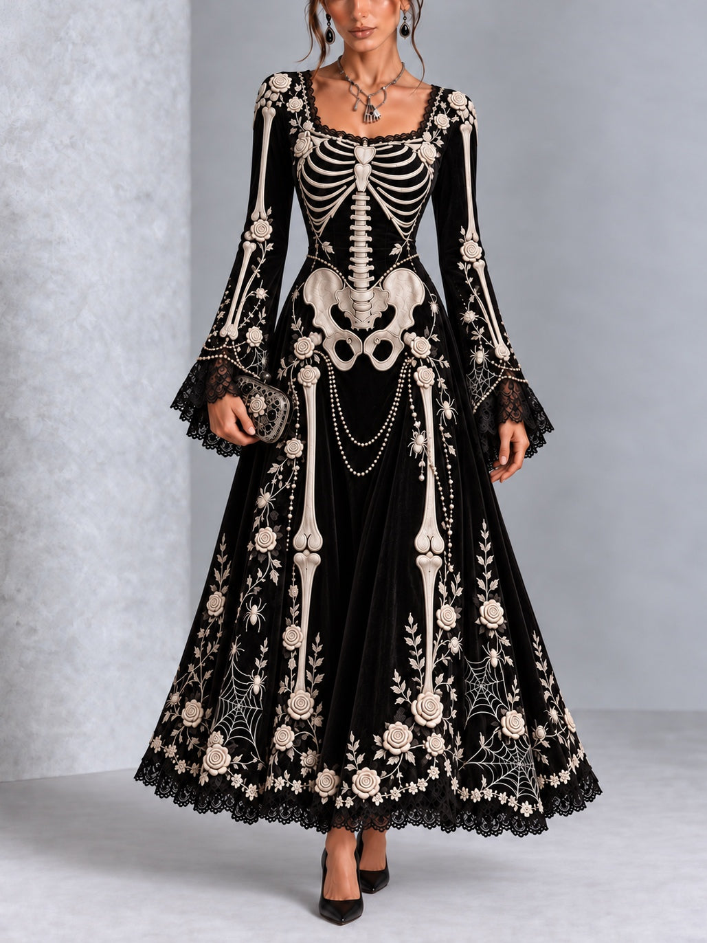 Gothic Black And White Skull And Rose Print Long-sleeved Halloween Maxi Dress