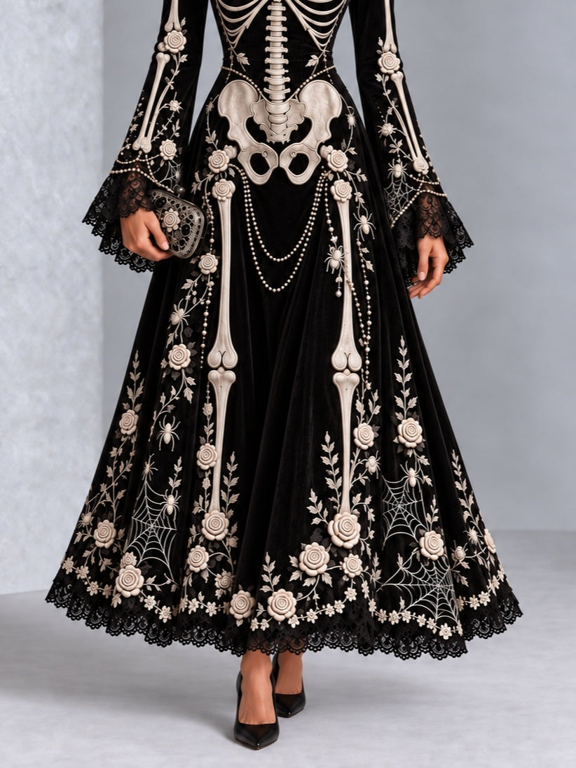 Gothic Black And White Skull And Rose Print Long-sleeved Halloween Maxi Dress