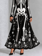 Gothic Black And White Skull And Rose Print Long-sleeved Halloween Maxi Dress