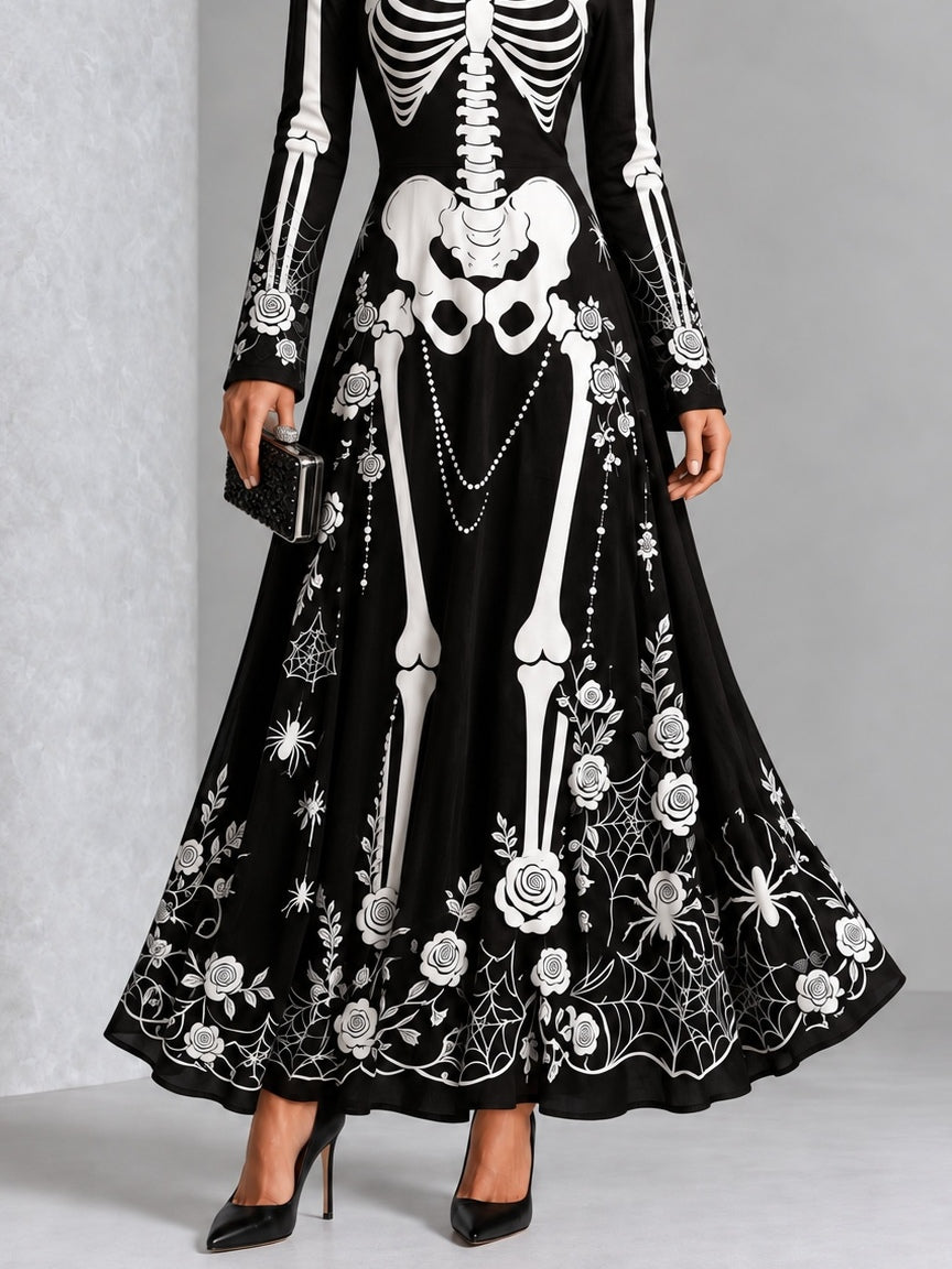 Gothic Black And White Skull And Rose Print Long-sleeved Halloween Maxi Dress