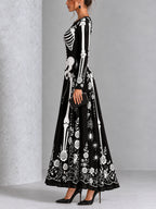 Gothic Black And White Skull And Rose Print Long-sleeved Halloween Maxi Dress