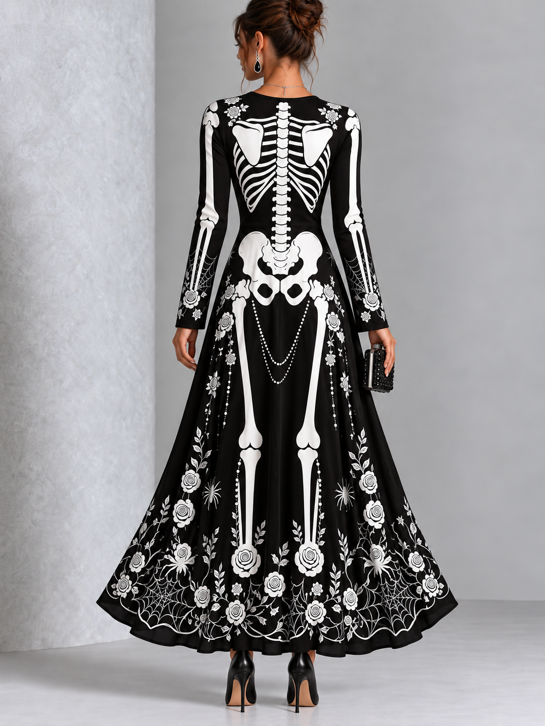 Gothic Black And White Skull And Rose Print Long-sleeved Halloween Maxi Dress