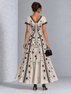 Vintage Gothic Skull Rose Spider Print Lace Trim Halloween Maxi Dress