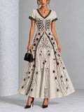 Vintage Gothic Skull Rose Spider Print Lace Trim Halloween Maxi Dress