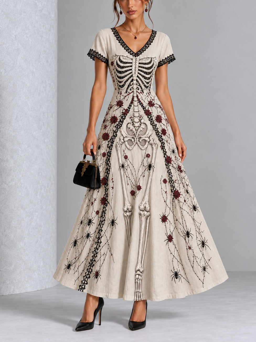 Vintage Gothic Skull Rose Spider Print Lace Trim Halloween Maxi Dress