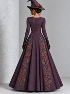 Gothic Purple Skeleton Rose Print Long Sleeve Halloween Maxi Dress
