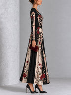 Gothic Black And White Skull And Rose Print Long-sleeved Halloween Maxi Dress