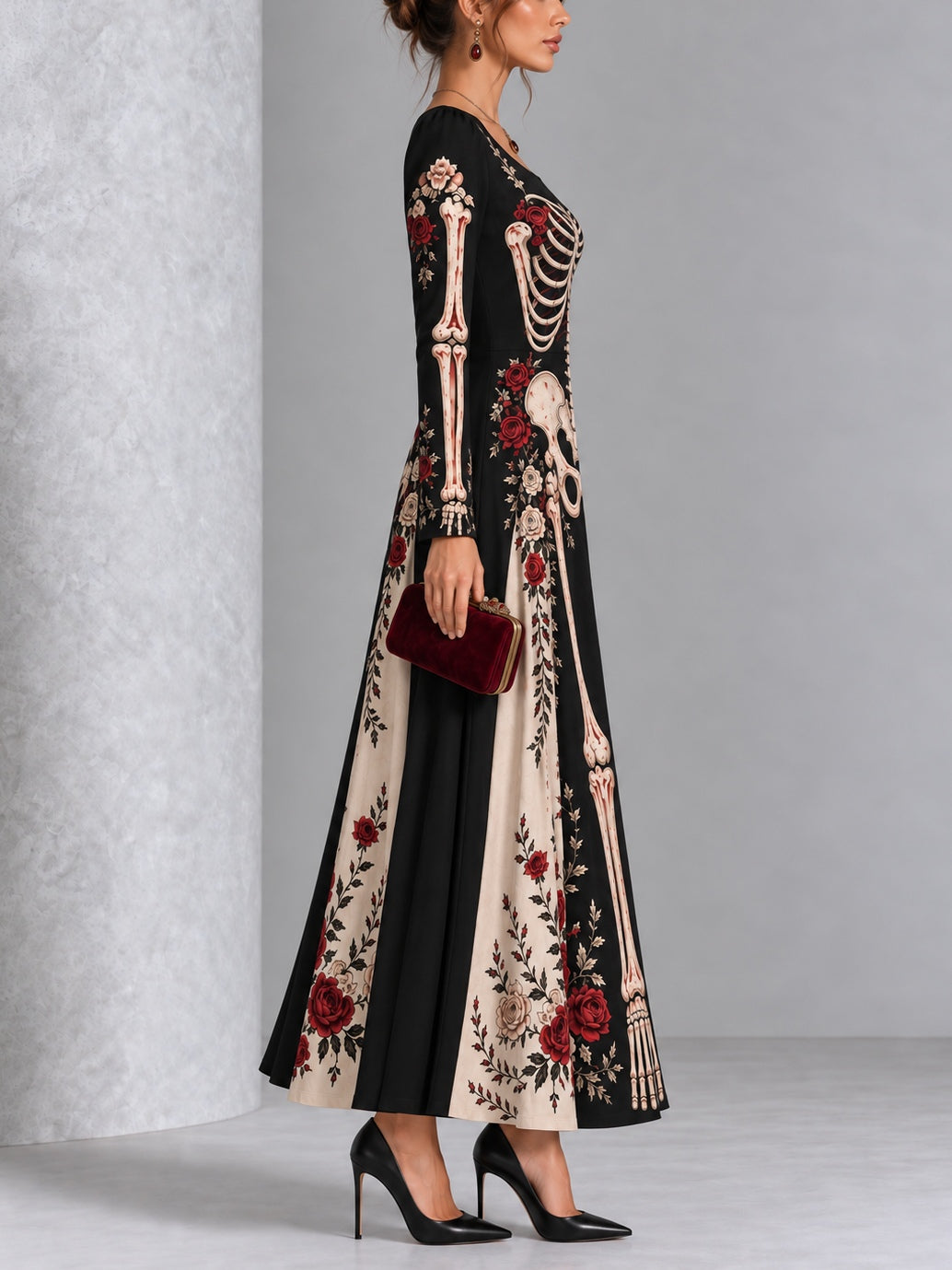 Gothic Black And White Skull And Rose Print Long-sleeved Halloween Maxi Dress