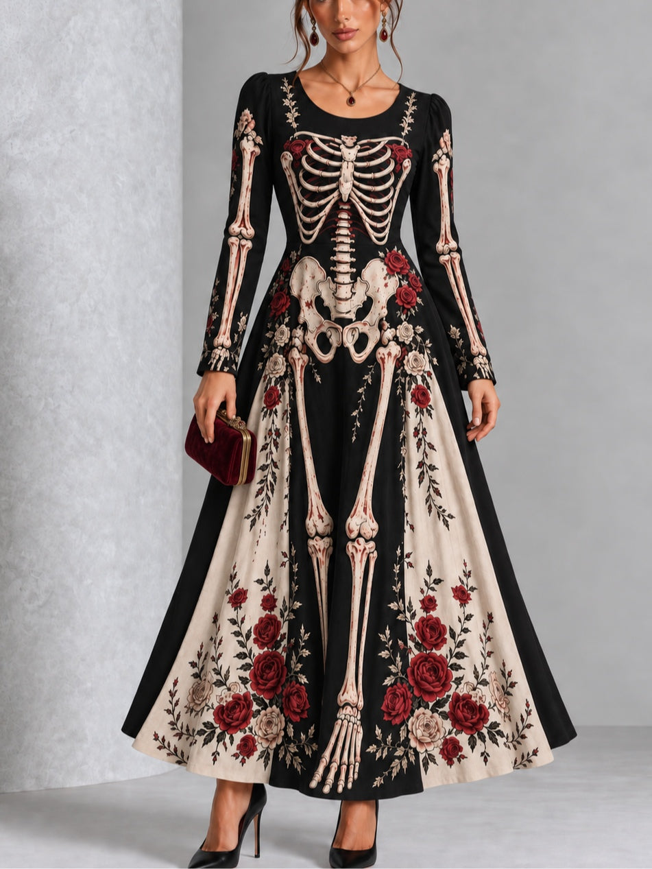 Gothic Black And White Skull And Rose Print Long-sleeved Halloween Maxi Dress