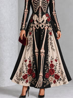 Gothic Black And White Skull And Rose Print Long-sleeved Halloween Maxi Dress