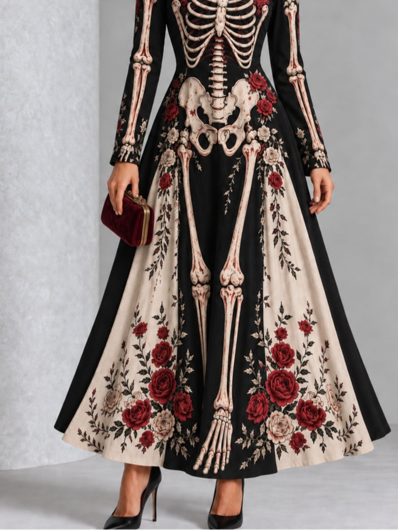 Gothic Black And White Skull And Rose Print Long-sleeved Halloween Maxi Dress
