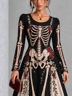 Gothic Black And White Skull And Rose Print Long-sleeved Halloween Maxi Dress