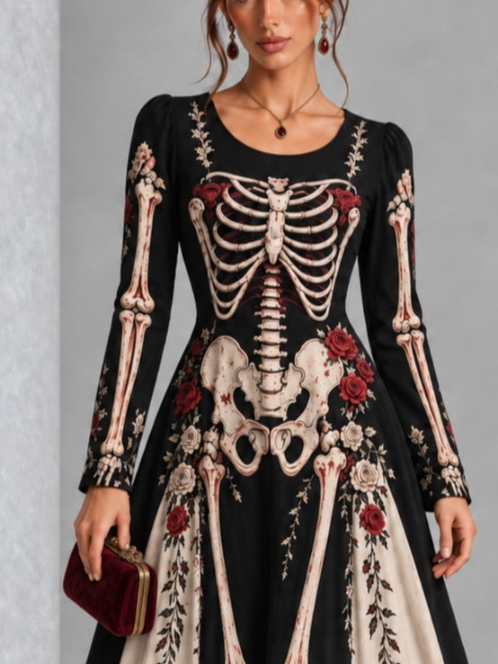 Gothic Black And White Skull And Rose Print Long-sleeved Halloween Maxi Dress
