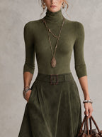Olive Green Stretch Turtleneck Top And Asymmetrical Faux Suede Skirt Set (with belt)