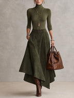 Olive Green Stretch Turtleneck Top And Asymmetrical Faux Suede Skirt Set (with belt)