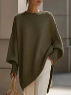 Women's Solid Beige Asymmetric Batwing Sleeve Knit Poncho Sweater