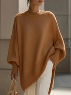 Women's Solid Beige Asymmetric Batwing Sleeve Knit Poncho Sweater