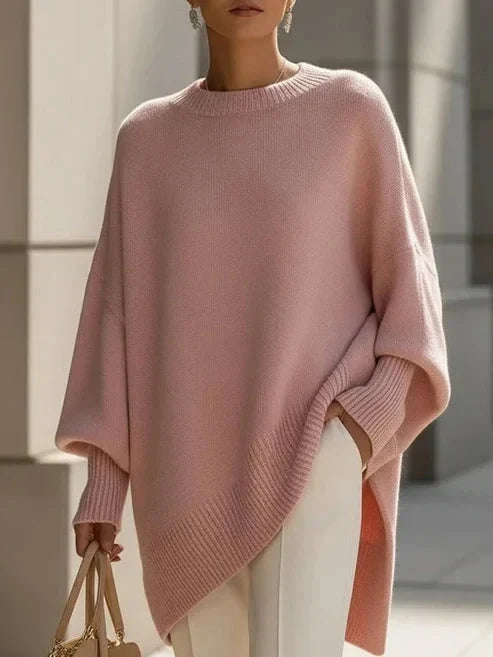 Women's Solid Beige Asymmetric Batwing Sleeve Knit Poncho Sweater