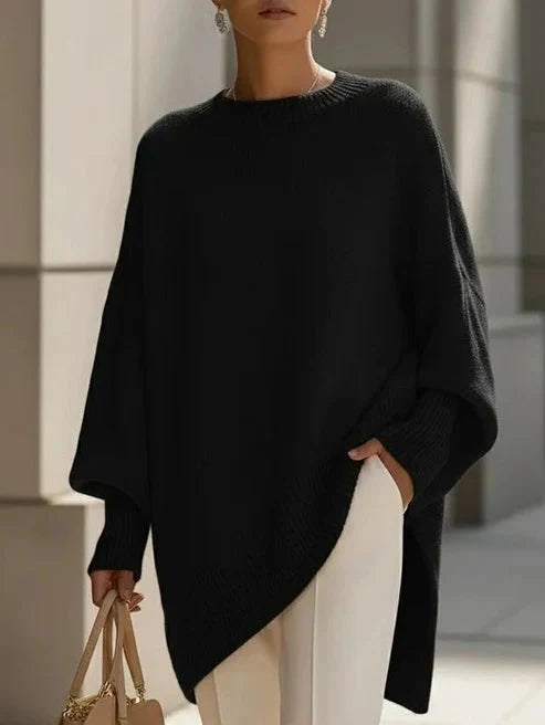 Women's Solid Beige Asymmetric Batwing Sleeve Knit Poncho Sweater