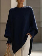 Women's Solid Beige Asymmetric Batwing Sleeve Knit Poncho Sweater