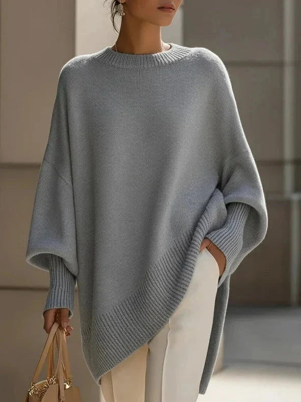 Women's Solid Beige Asymmetric Batwing Sleeve Knit Poncho Sweater