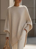 Women's Solid Beige Asymmetric Batwing Sleeve Knit Poncho Sweater