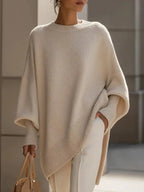 Women's Solid Beige Asymmetric Batwing Sleeve Knit Poncho Sweater