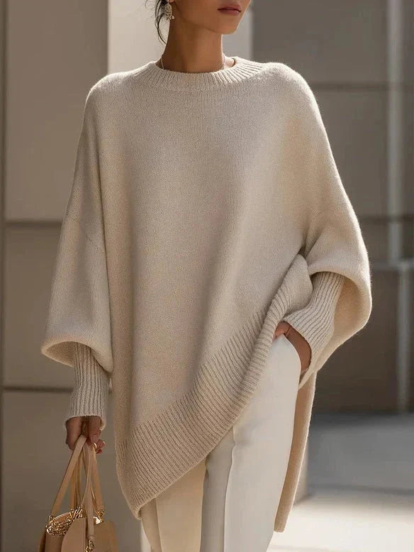 Women's Solid Beige Asymmetric Batwing Sleeve Knit Poncho Sweater