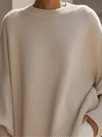 Women's Solid Beige Asymmetric Batwing Sleeve Knit Poncho Sweater